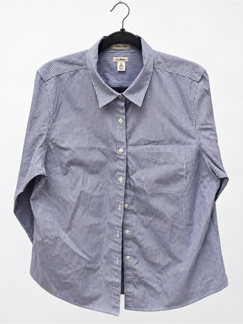 L.L.Bean Women’s 1X Wrinkle Free Blue White Striped Cotton Button Down Shirt